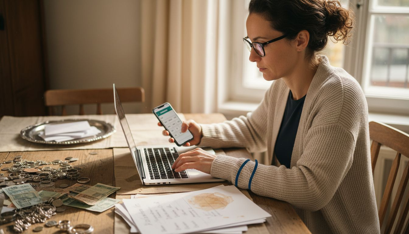Eine Frau bewertet Silber online am Laptop.
