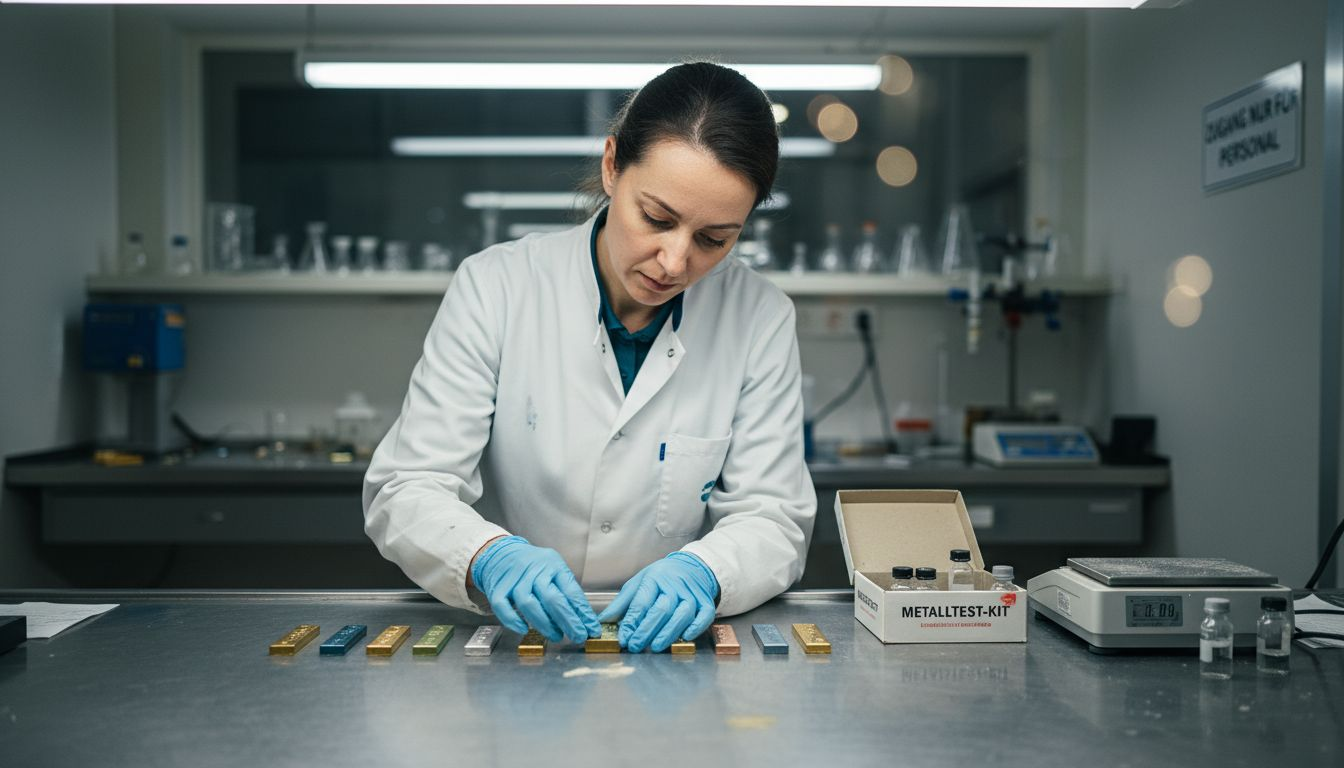 Eine Labortechnikerin analysiert verschiedene Goldlegierungen auf ihre Zusammensetzung und Qualität.