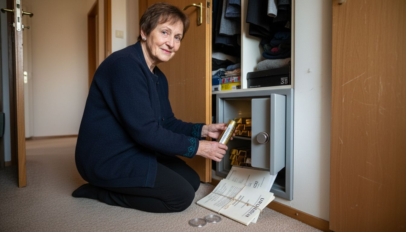 Eine Frau bewahrt ihre Goldmünzen sicher in einem Tresor zu Hause auf.