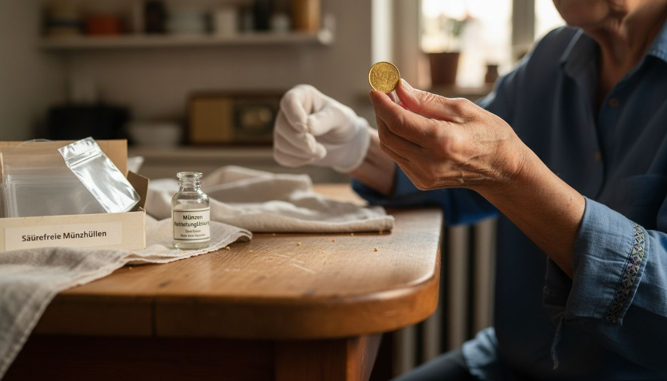 Eine Frau säubert eine Münze und trägt dabei Handschuhe.