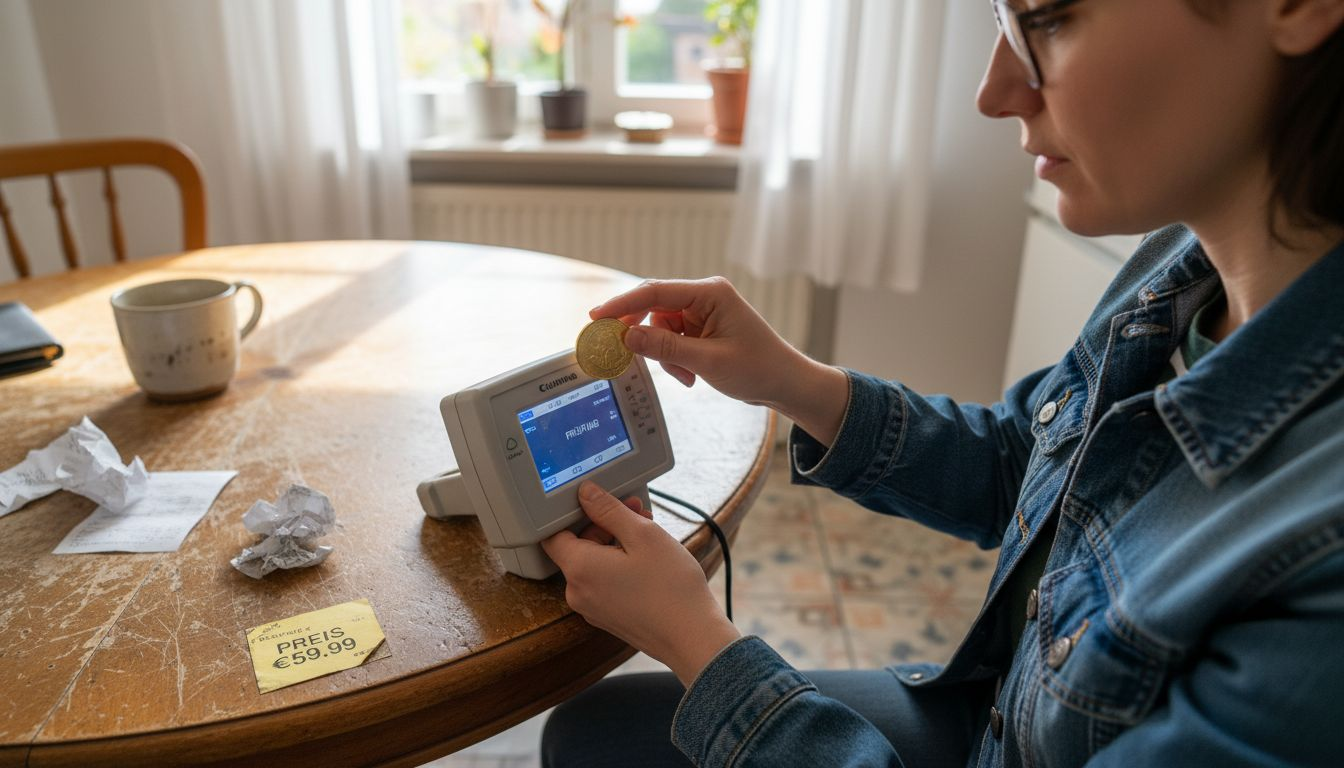 Eine Frau überprüft eine Goldmünze mit einem Ultraschallmessgerät auf Echtheit.