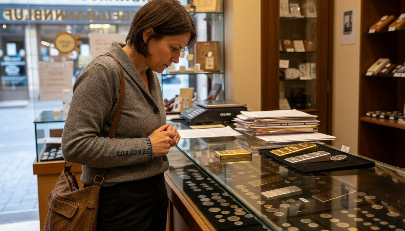 Eine Frau begutachtet beim Händler Gold- und Silberbarren und vergleicht deren Unterschiede.