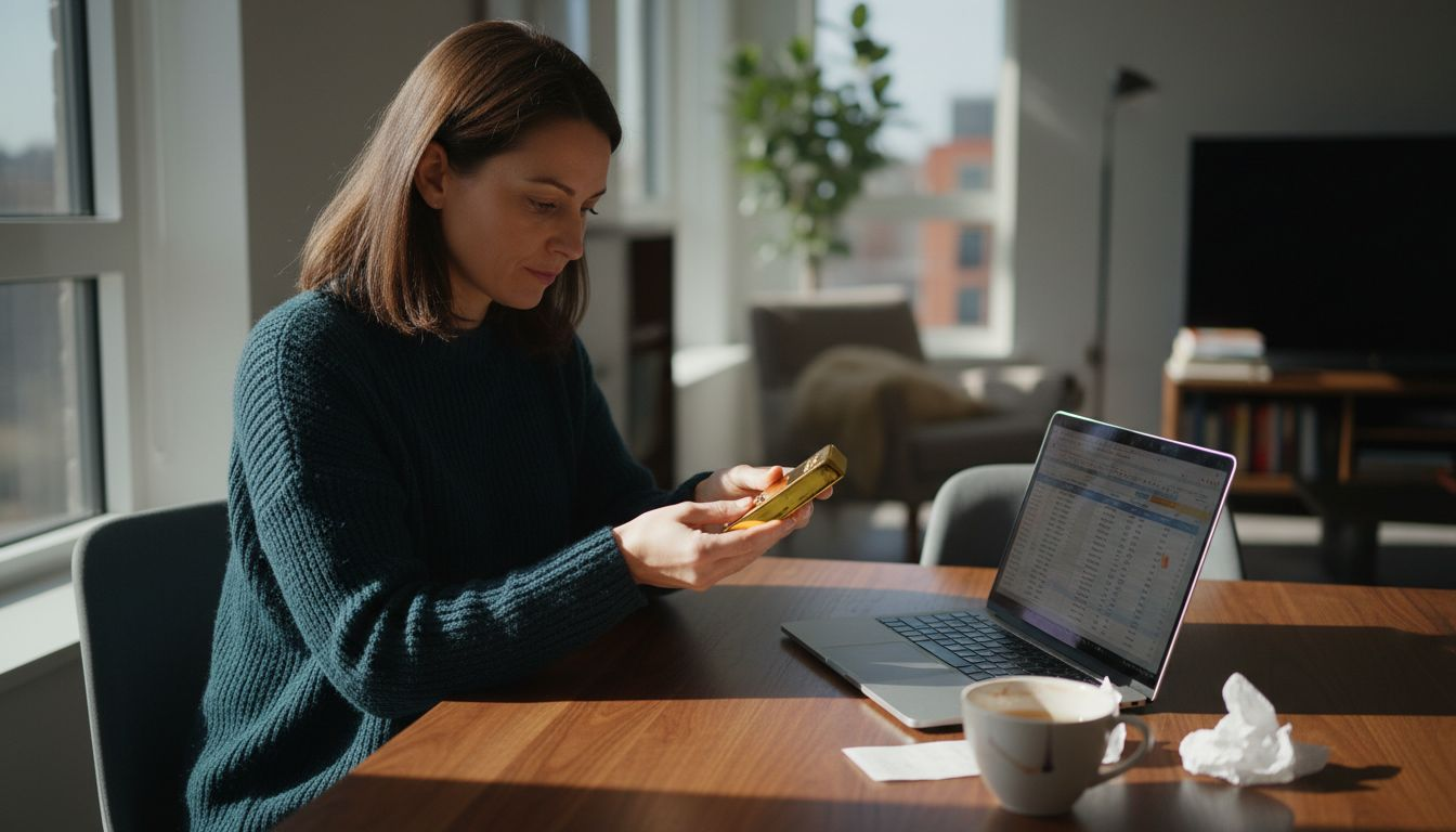 Eine Frau begutachtet Goldbarren an ihrem Schreibtisch.