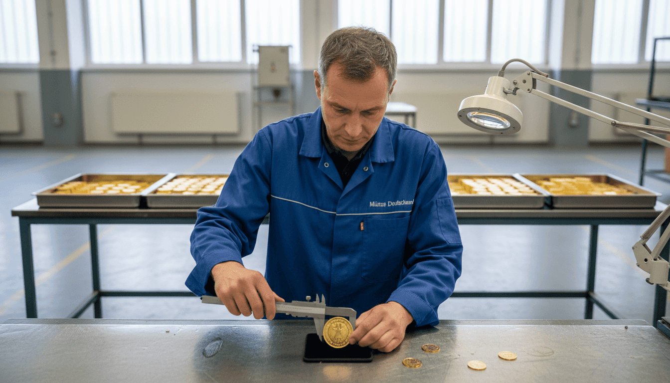 Ein Mitarbeiter der Münzprägestätte prüft Goldbarrenmünzen auf ihre Qualität.
