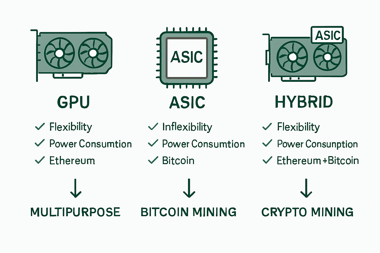 Infographic comparing GPU, ASIC, and hybrid rigs