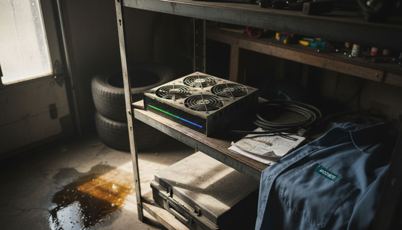 Close-up ASIC miner operating on metal shelf