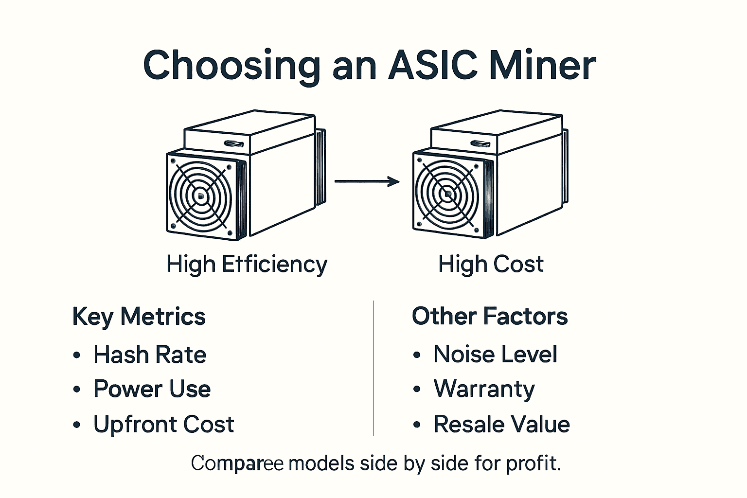ASIC miner selection infographic with key metrics