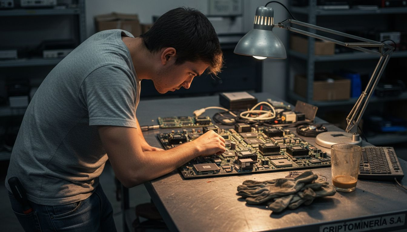 Especialista trabajando con el hardware que soporta la tecnología blockchain