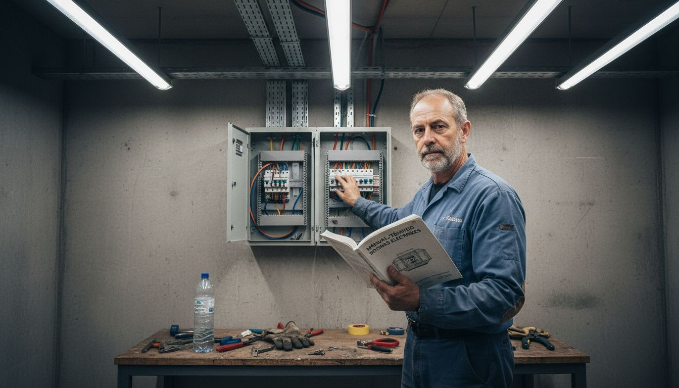 Un electricista revisa el cuadro eléctrico mientras consulta el manual de instrucciones.