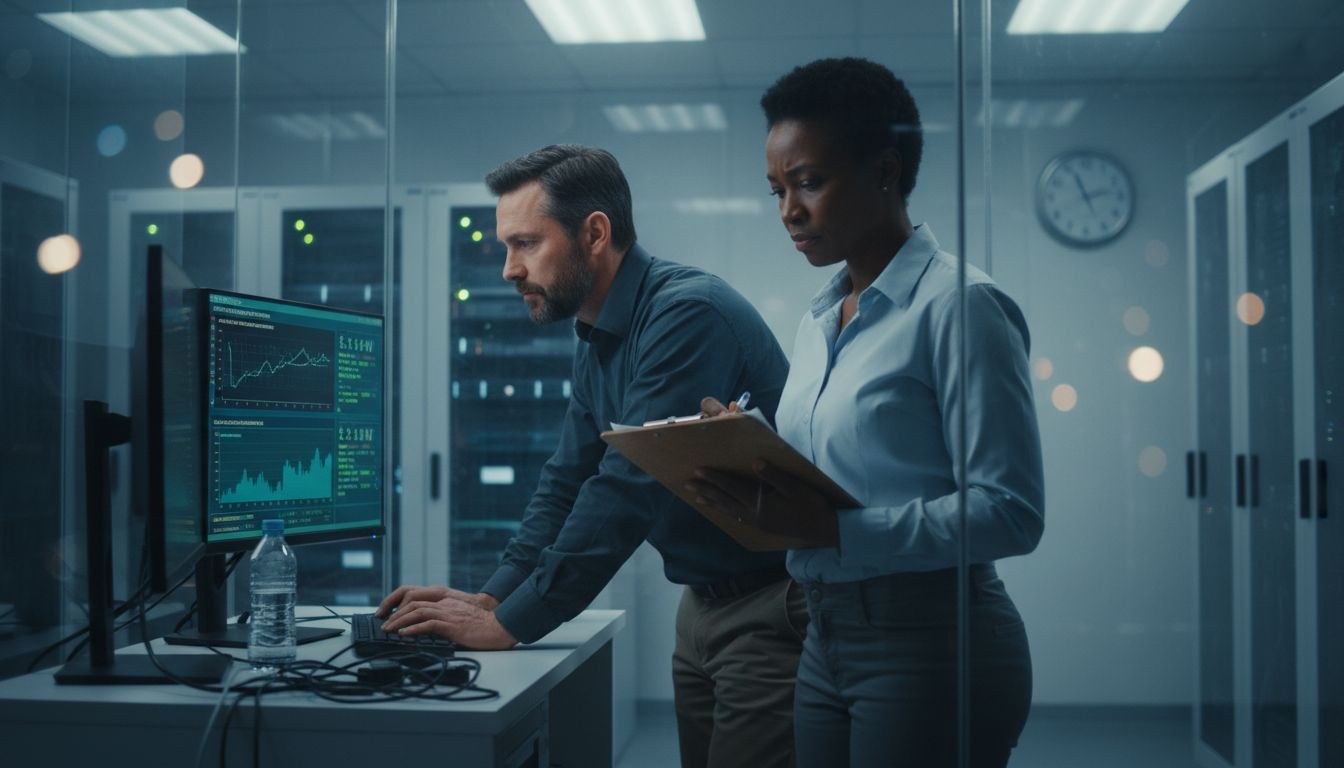 Engineers monitoring ASIC power dashboard in server room