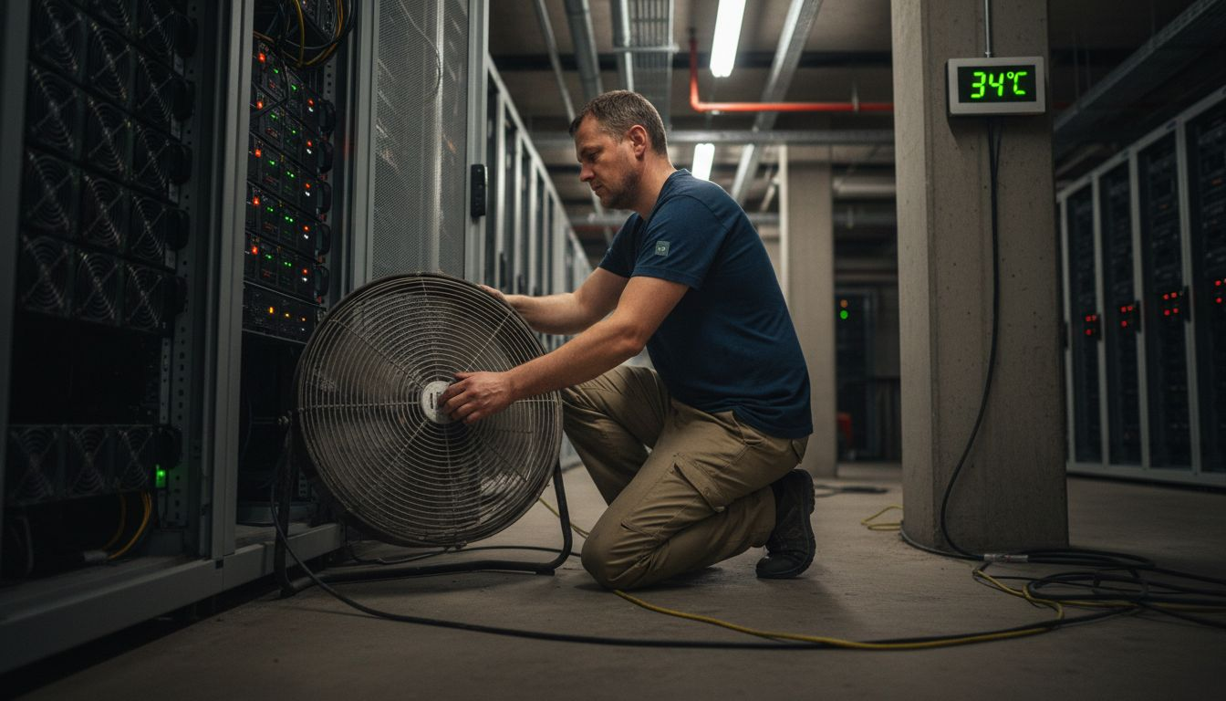 Engineer adjusting cooling for ASIC miners
