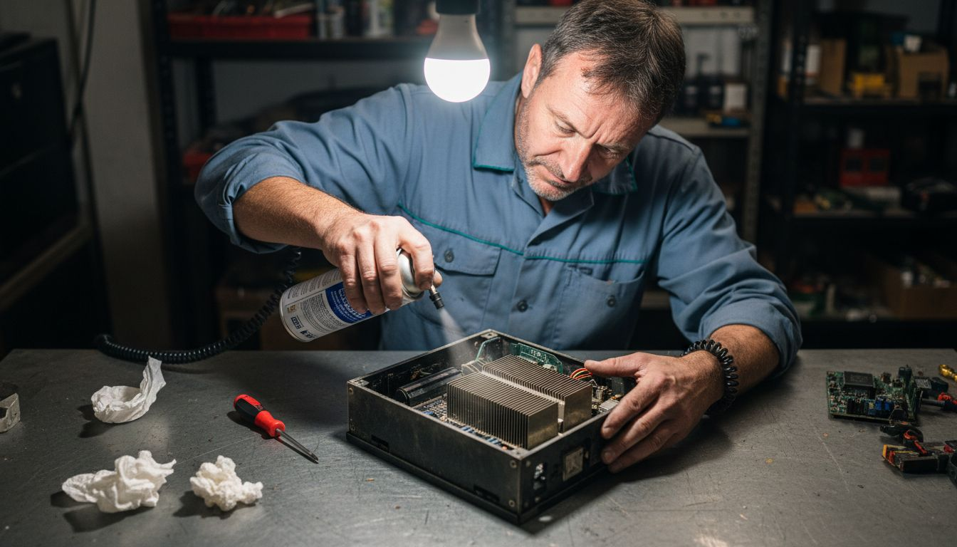 Worker cleaning ASIC miner with tools visible