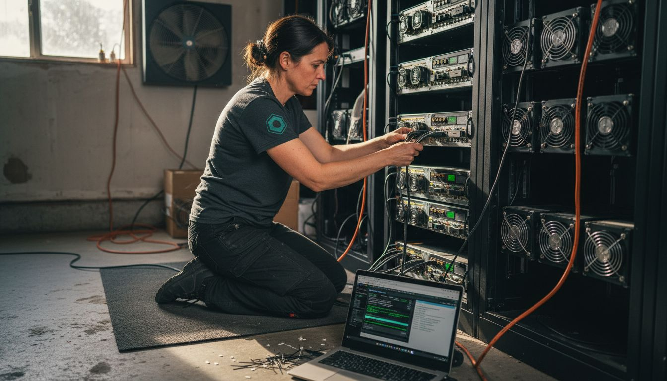 Technician setting up ASIC mining equipment