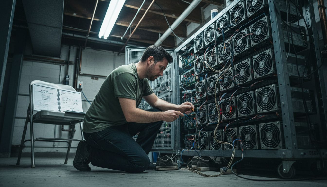 Technician working on ASIC mining rack setup