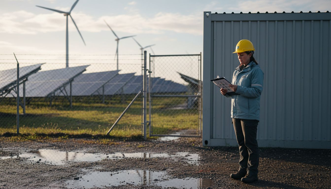 Engineer reviewing mining site by solar panels