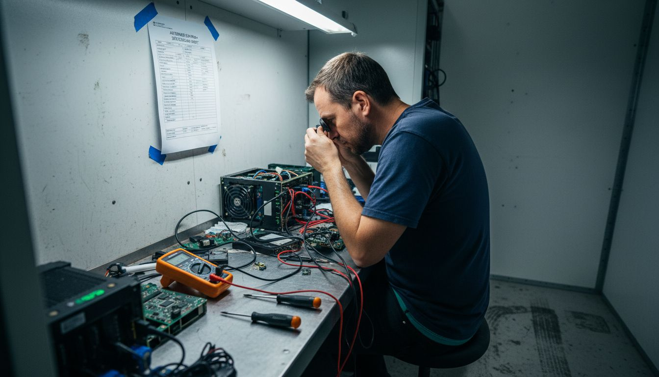 Technician inspecting ASIC miner specifications