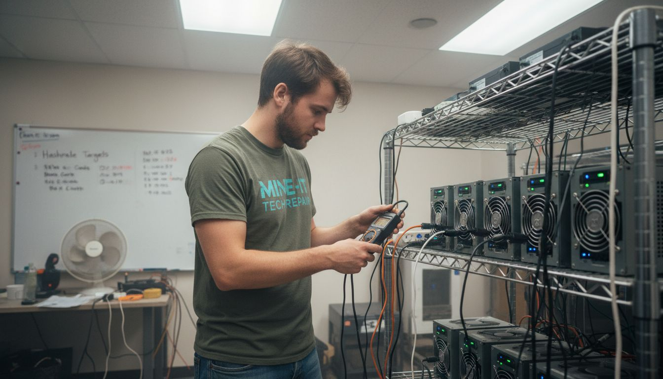 Technician tests ASIC miner performance metrics