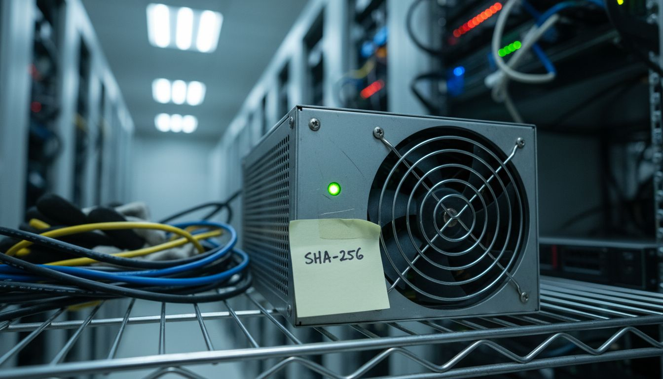 Close-up of ASIC miner on rack