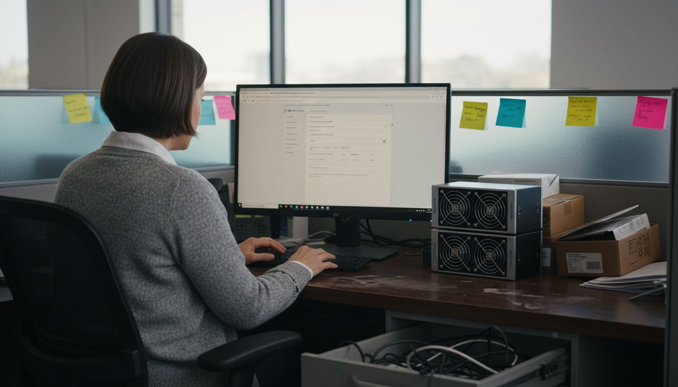 Woman reviews ASIC miner warranty types at desk