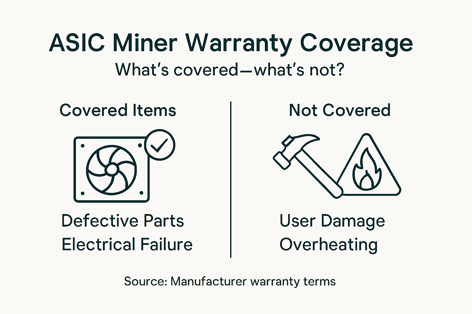 Infographic of ASIC miner warranty coverage vs. exclusions