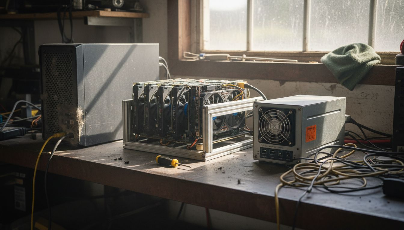 Close-up of various altcoin mining hardware