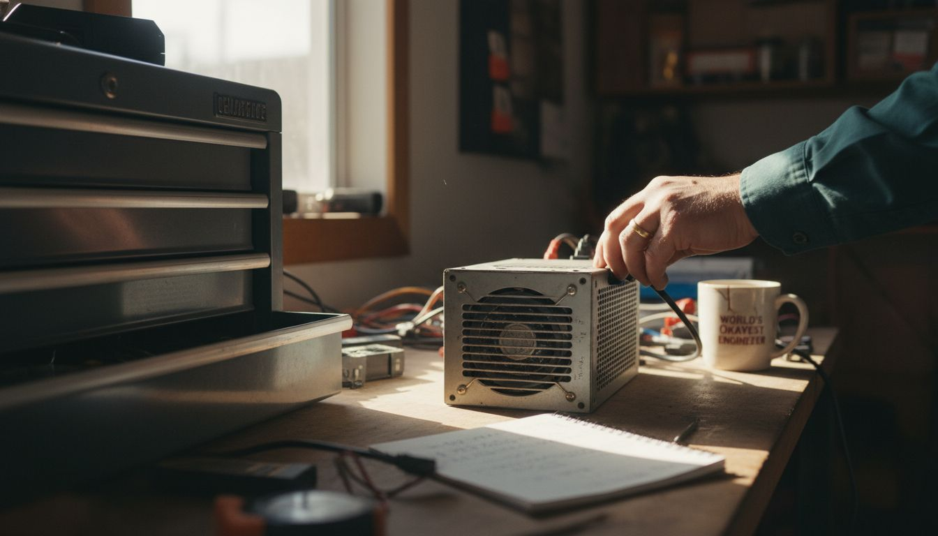 ASIC crypto miner on cluttered workbench