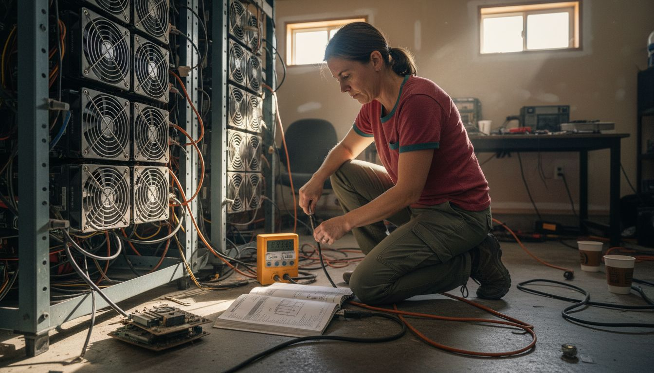 Engineer servicing ASIC bitcoin mining hardware