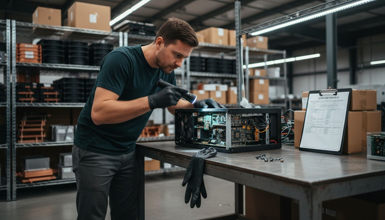 Technician inspecting open ASIC miner components