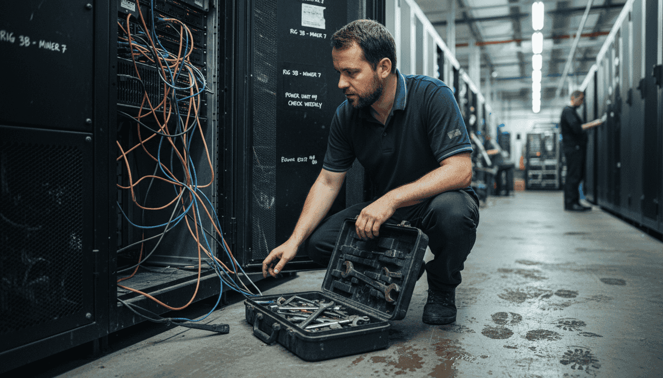 Engineer repairing mining farm equipment on site