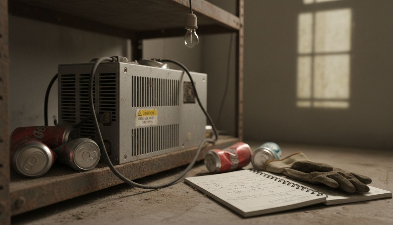Abandoned dusty ASIC mining rig in garage