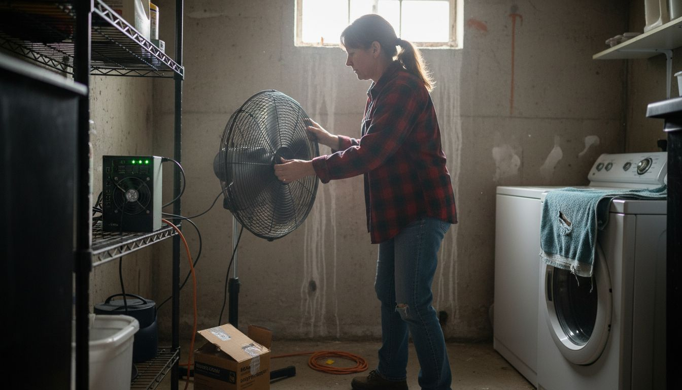 Woman cooling ASIC miner with floor fan