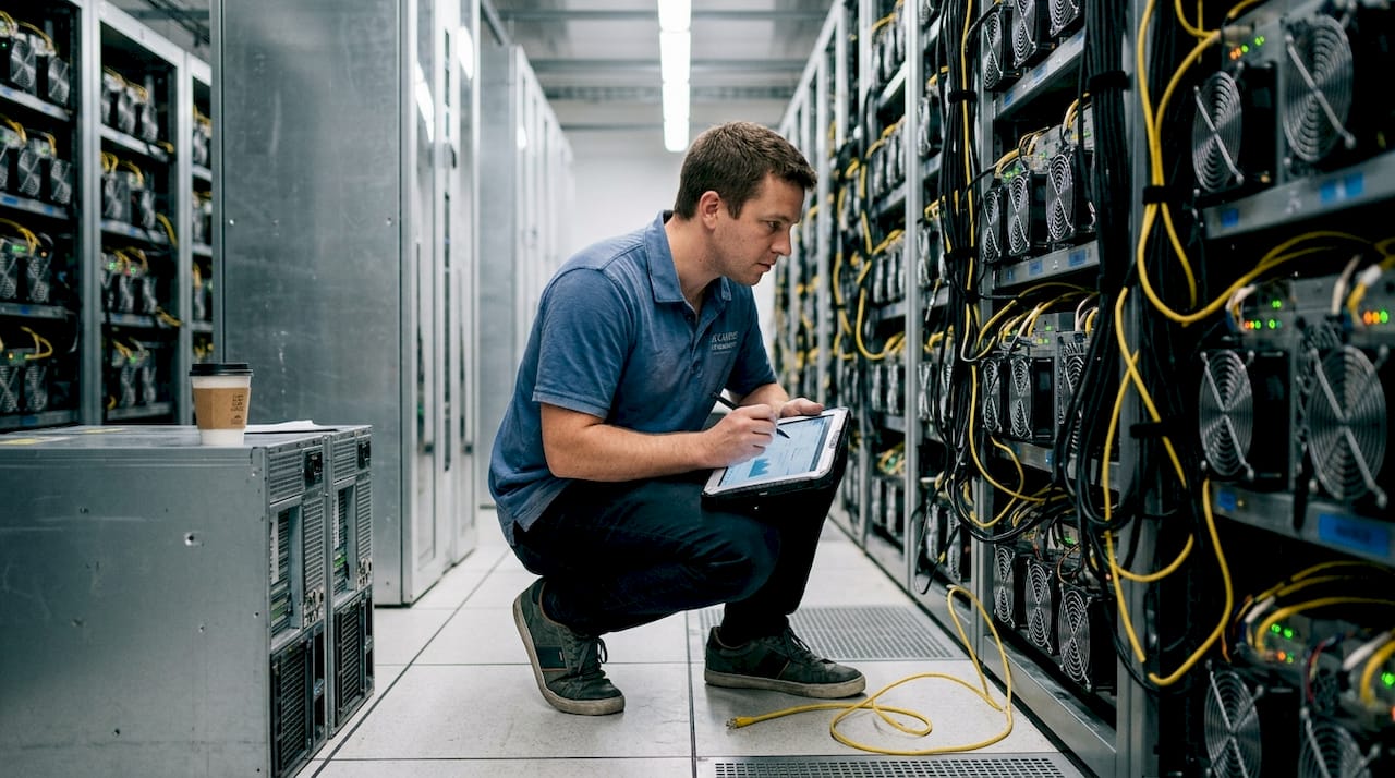 Technician maintaining cryptocurrency mining servers