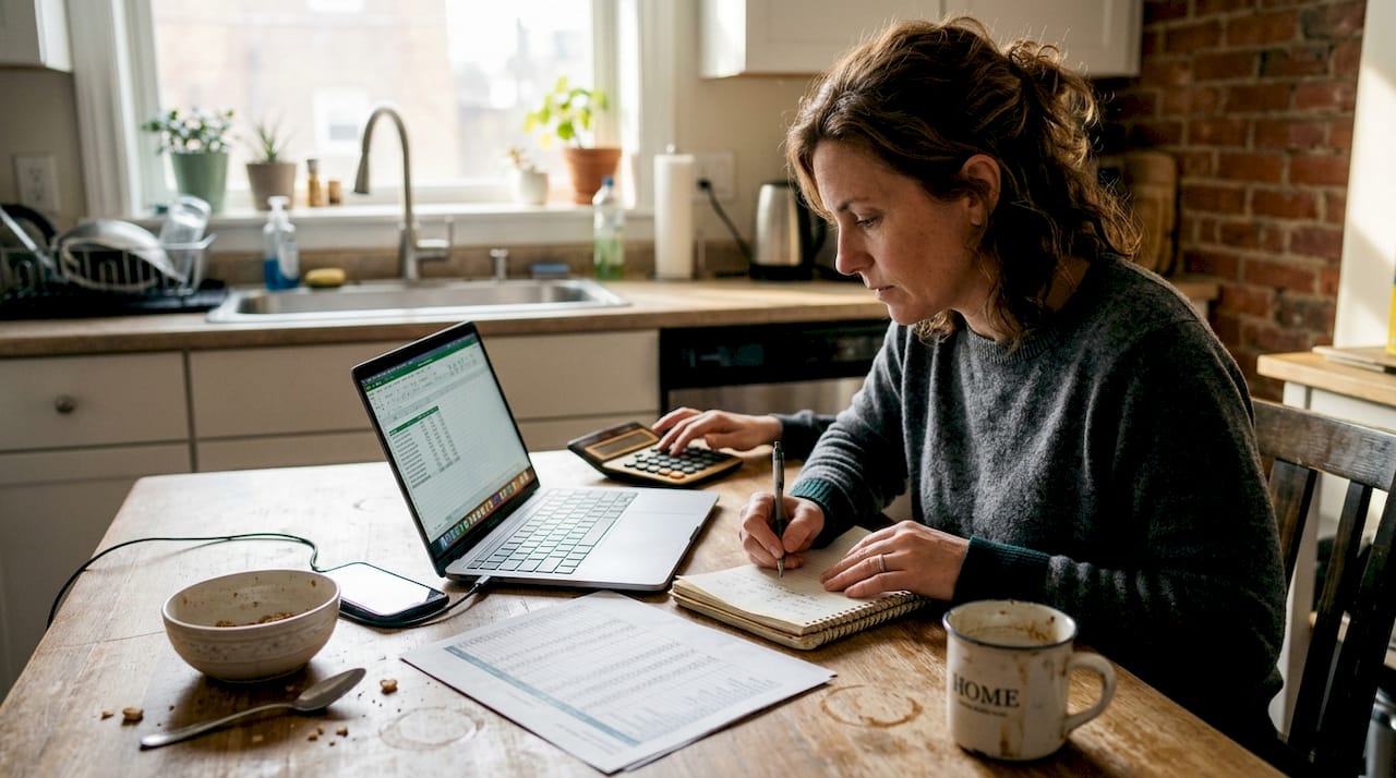 Person calculating mining break-even in kitchen