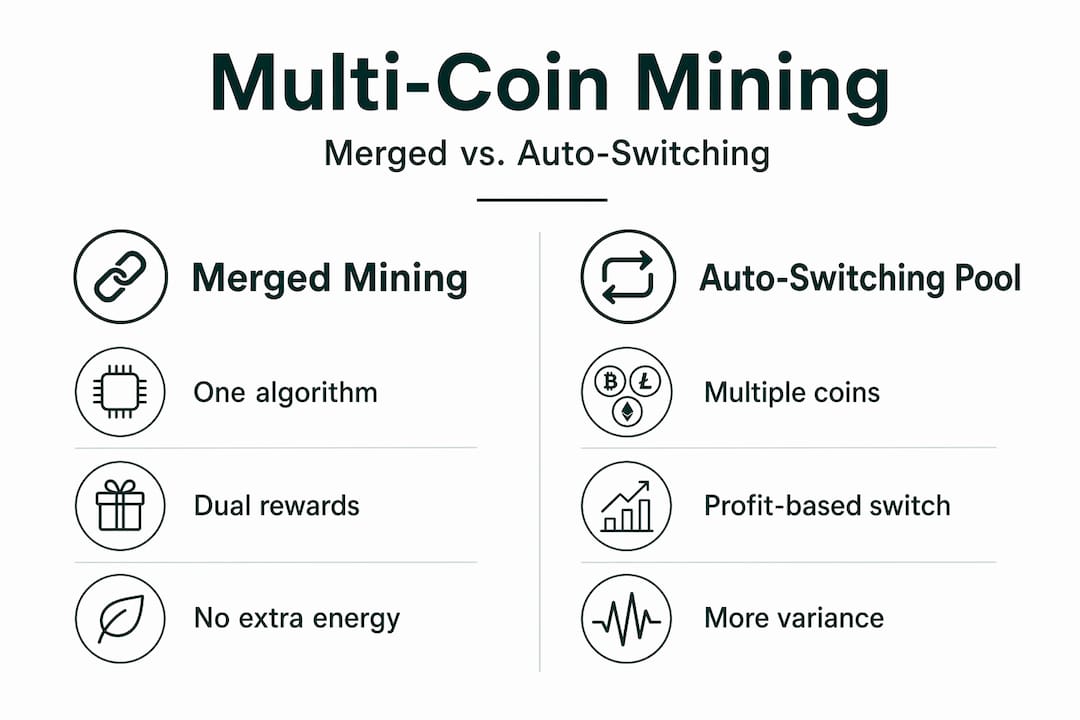 Split infographic comparing merged and auto-switch mining