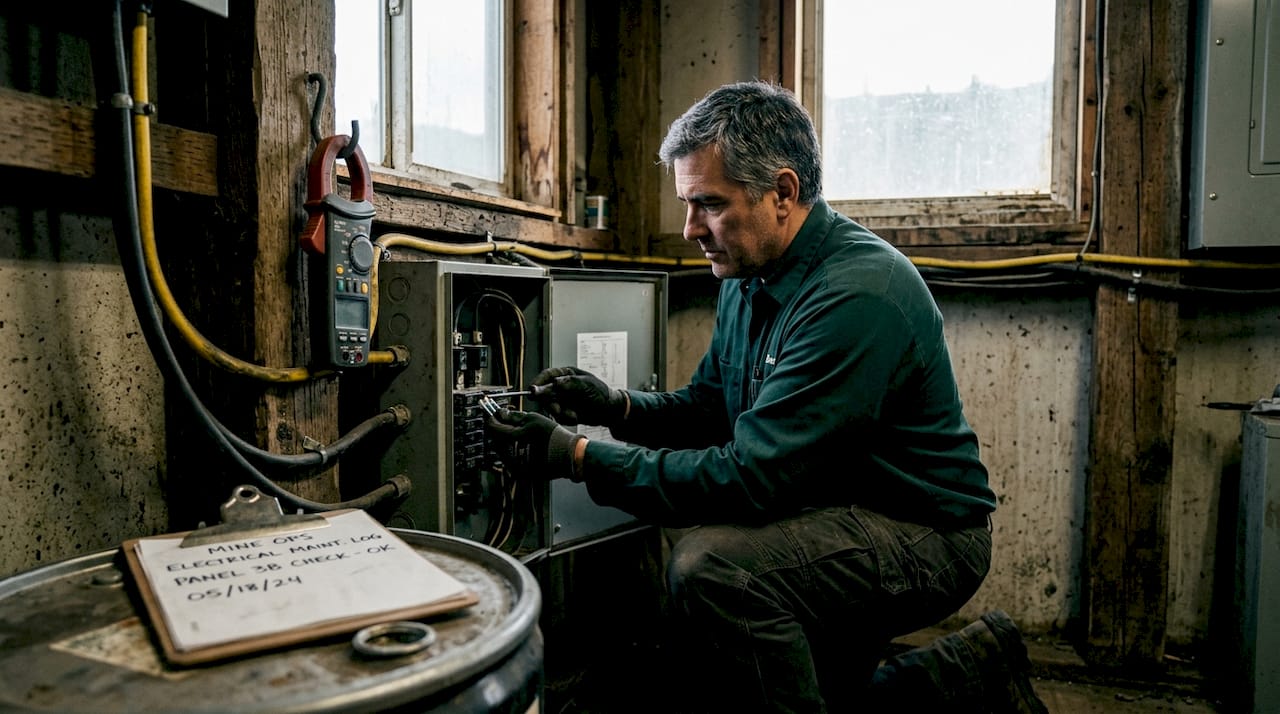 Electrician at open panel in mining facility