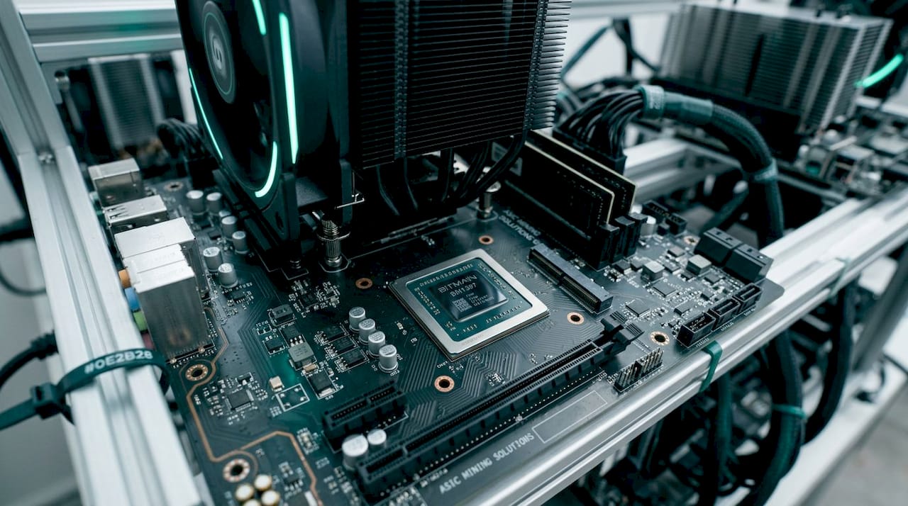 Close-up of ASIC mining chip inside rig