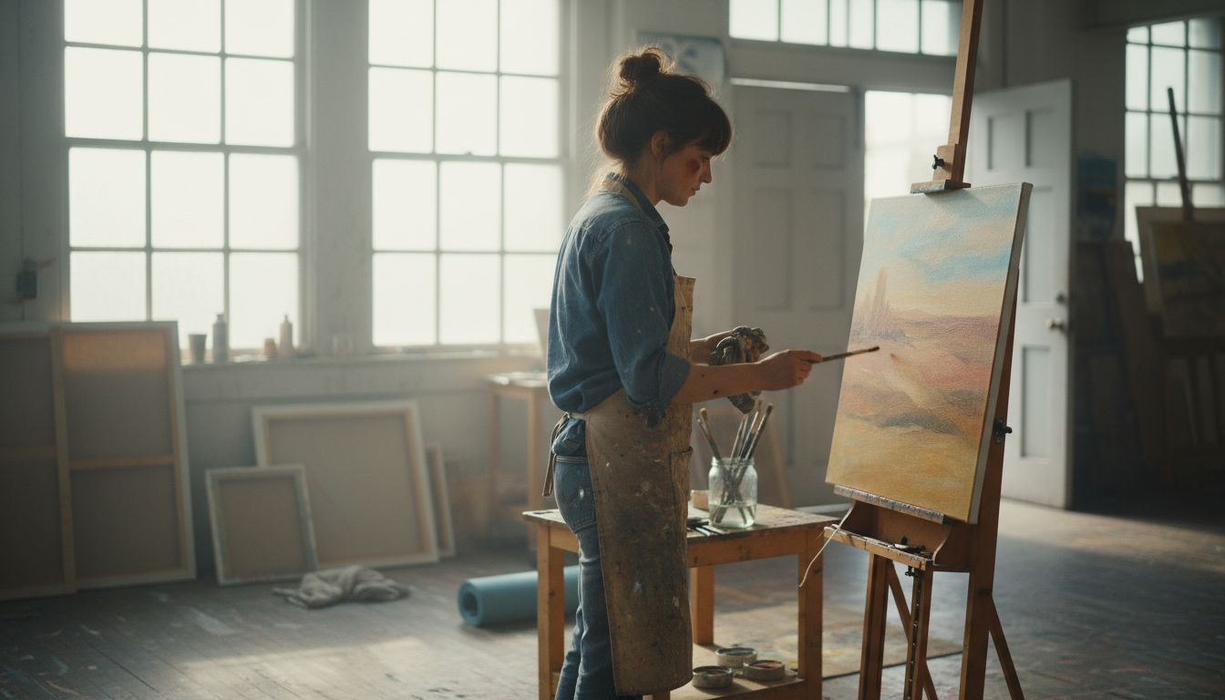Woman working at easel in art studio