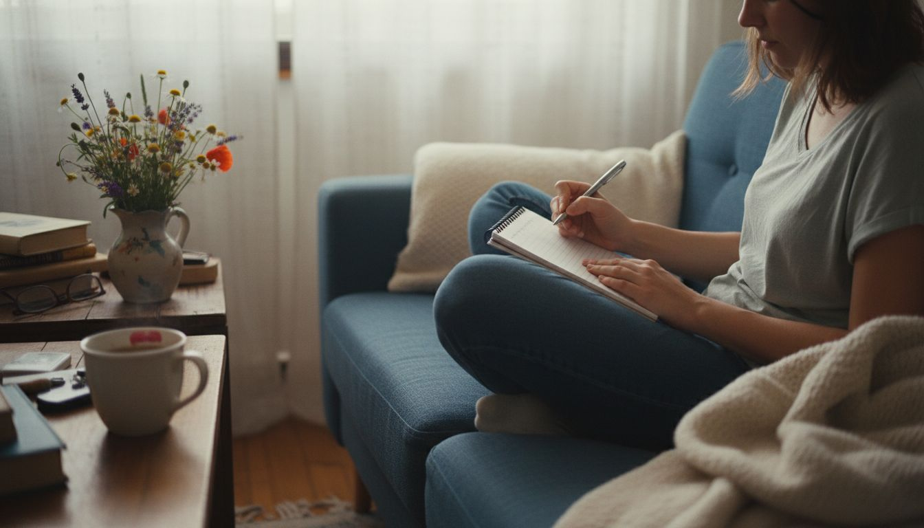 Person journaling on couch with tea and flowers