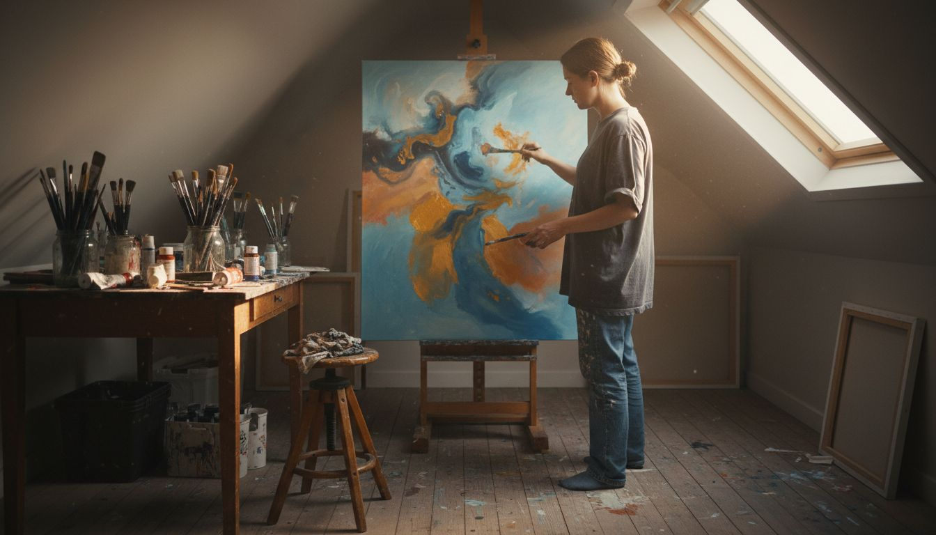 Artist painting in creative attic studio