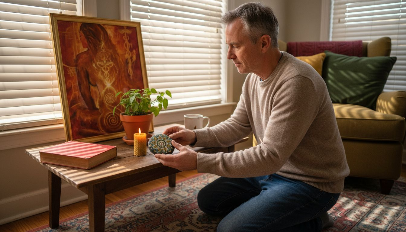 Man setting up meditation healing nook