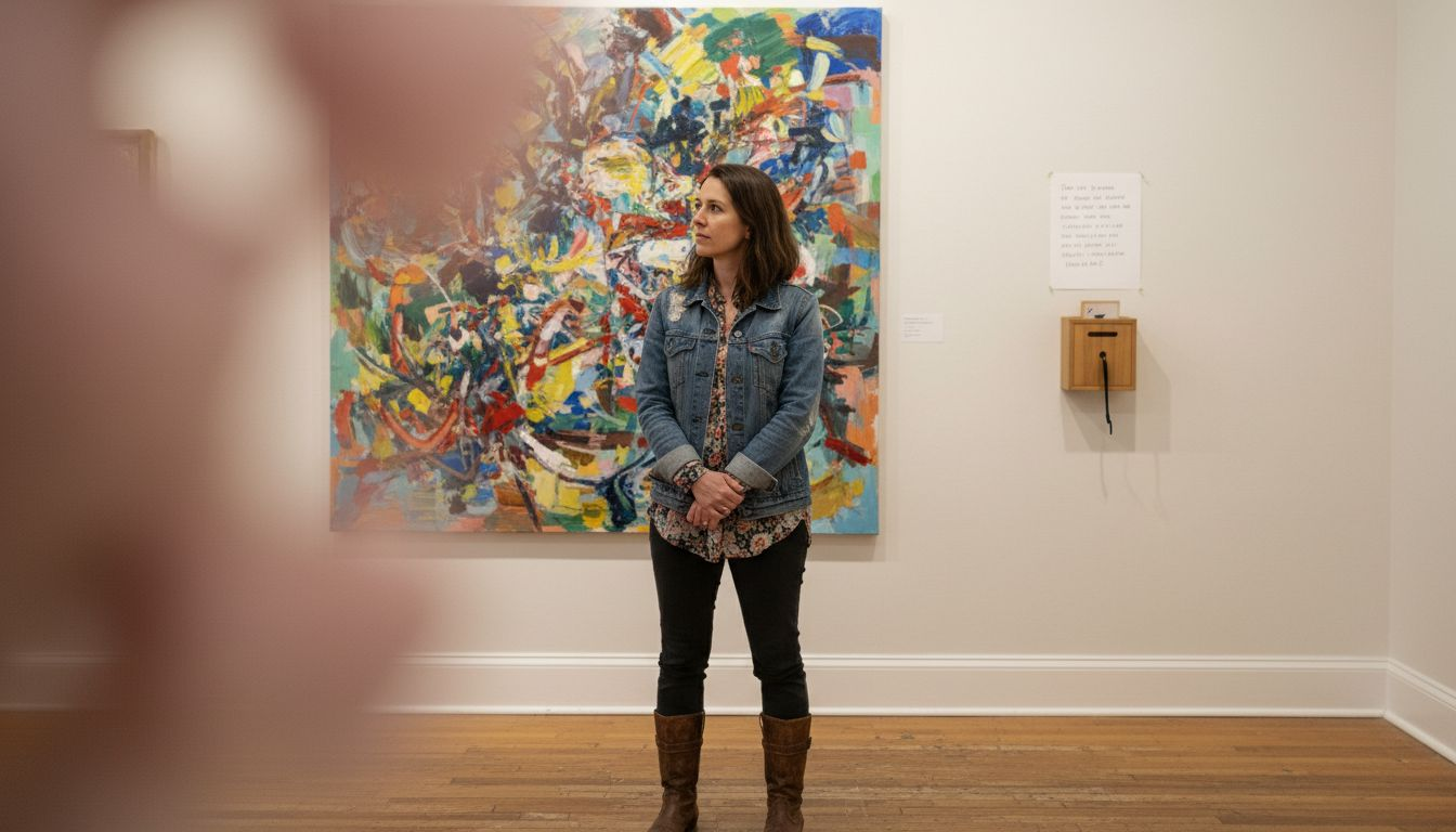 Woman contemplating healing artwork in gallery
