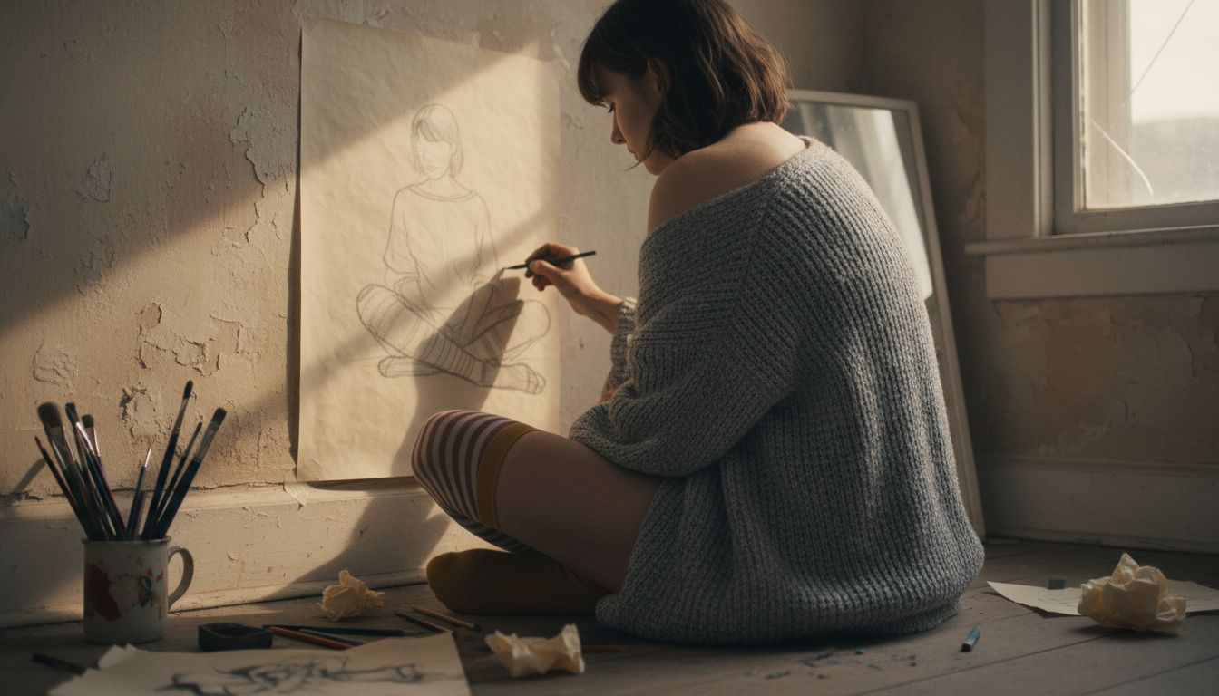 Woman drawing self-portrait in natural light