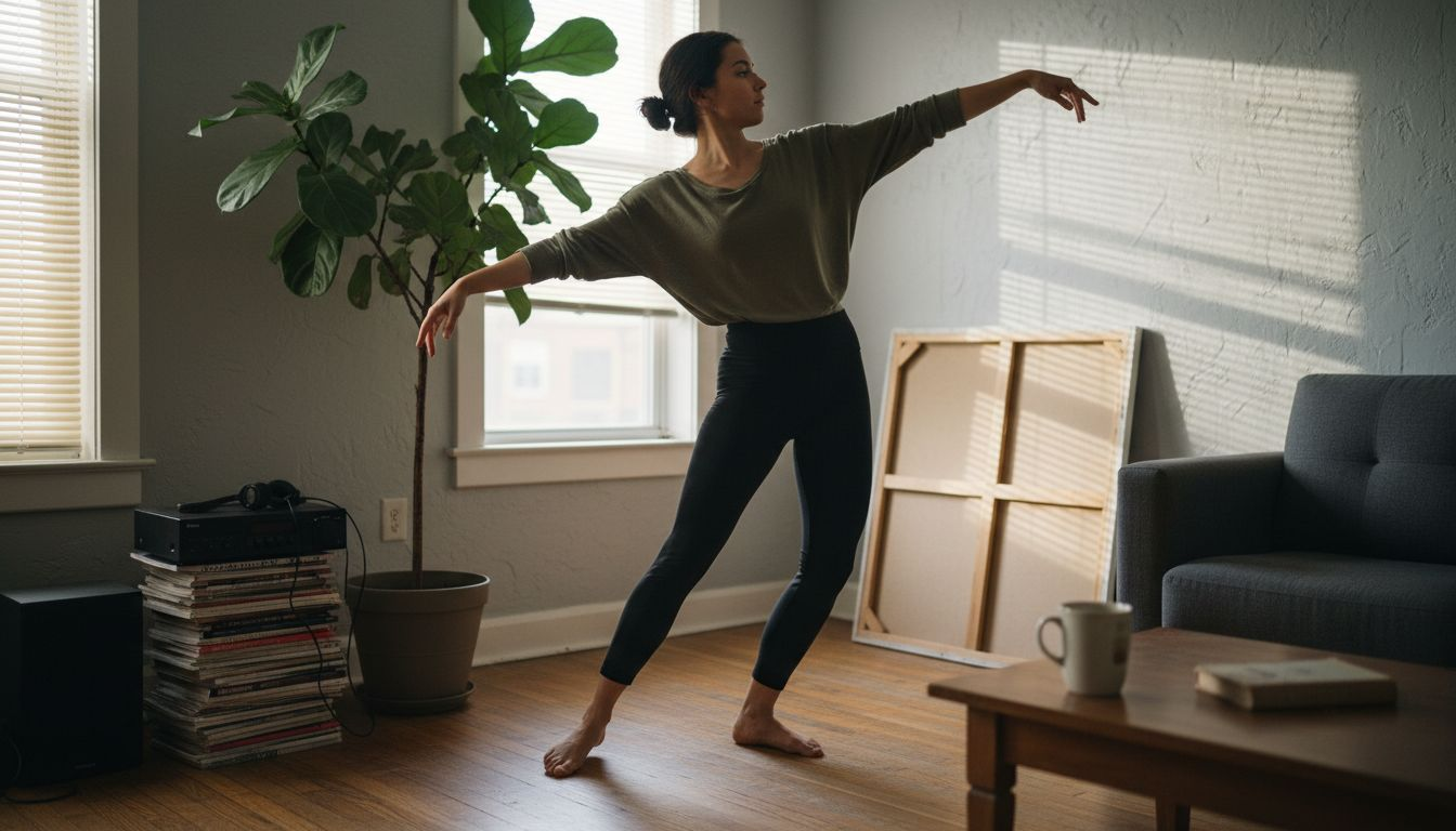 Dancer moving in sunlit apartment living room