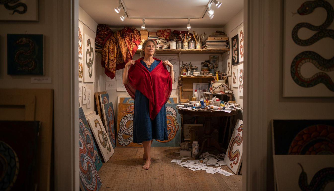 Woman in shawl amid serpent-themed art