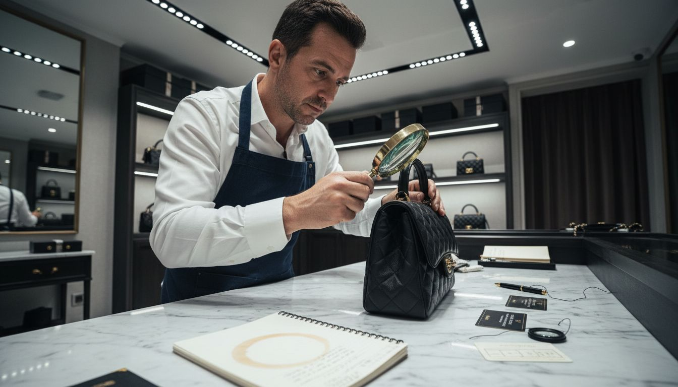 Expert authenticating luxury handbag with tools