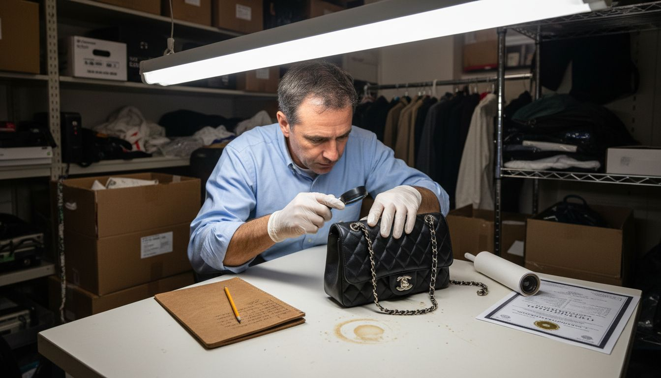 Expert verifying authenticity of Chanel purse