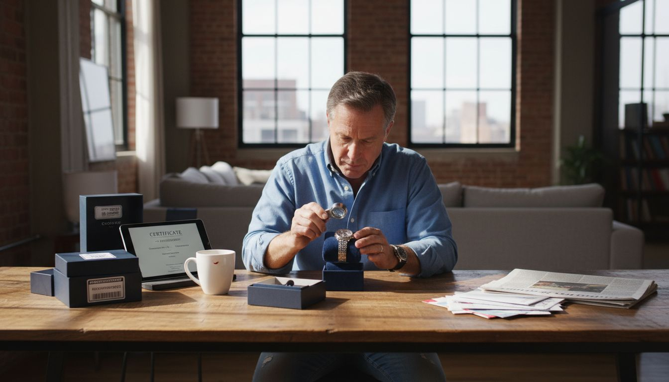 Man verifying luxury item with certificate