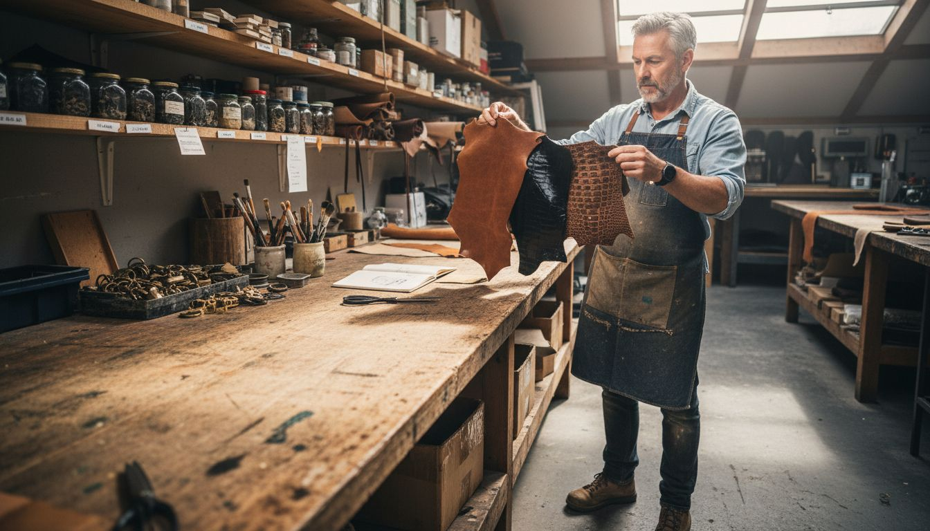 Handbag leather materials and hardware on workbench