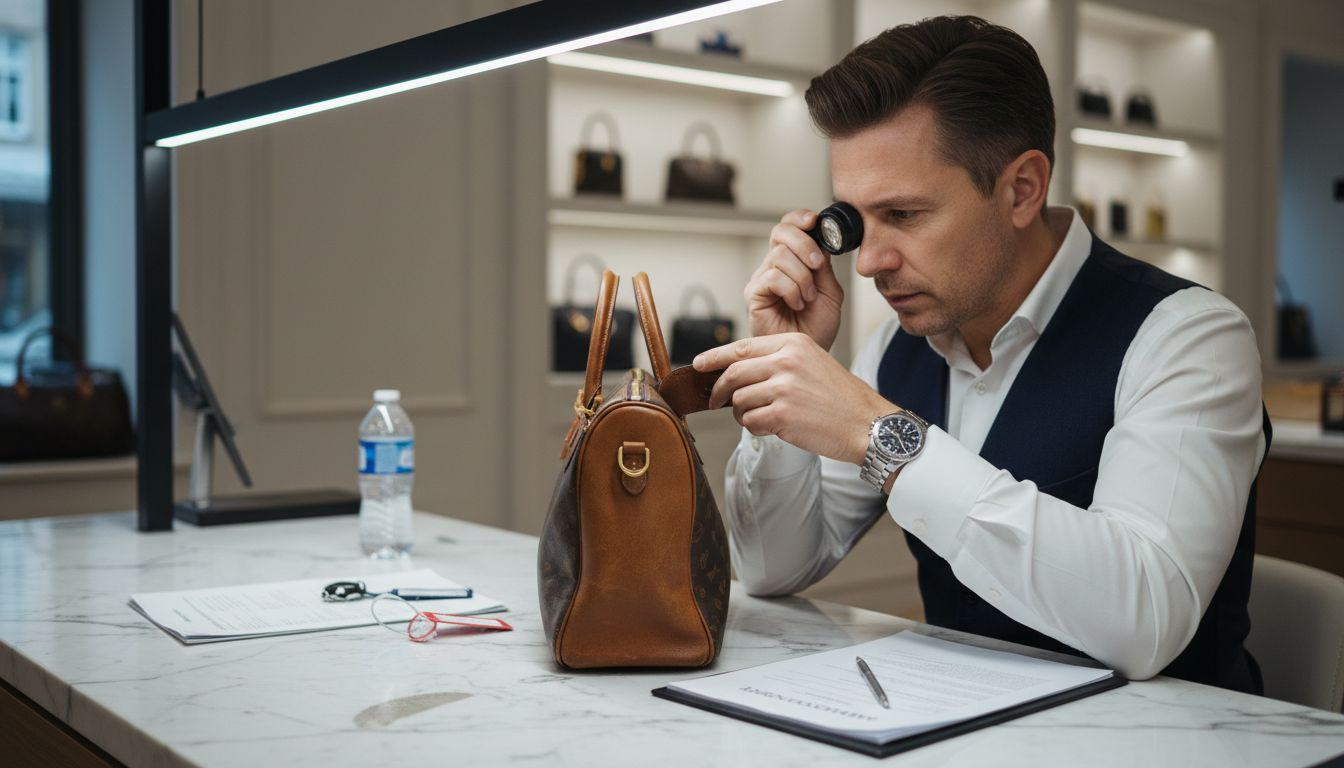 Associate authenticating designer handbag at counter