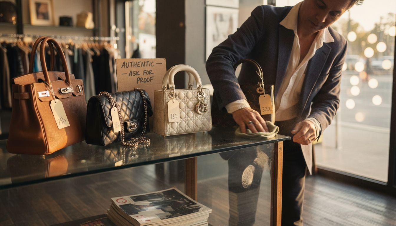 Designer handbags displayed on boutique shelf